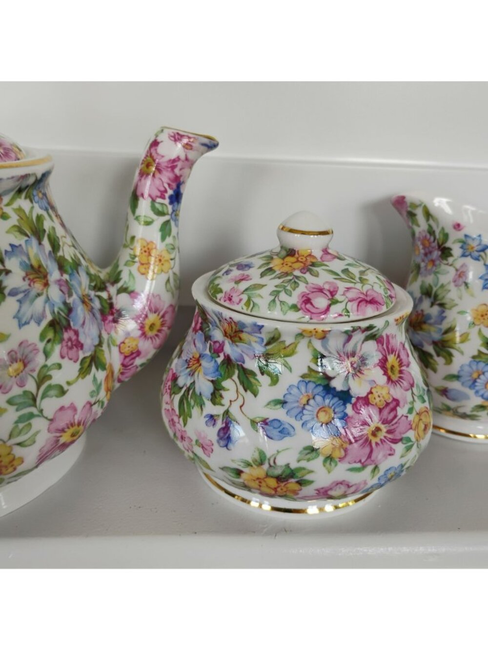 Vintage Laura Chintz Tea Set, Bone China Teapot Creamer Sugar Fine English China - Picture 8 of 10